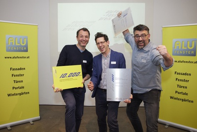 Gewinner SMARTVOLL ARCHITEKTEN mit Bauherrn. 
Personen vlnr: Philipp Buxbaum, smartvoll Architekten | Christoph Segalla, Wien Energie | Christian Kirchner, smartvoll Architekten