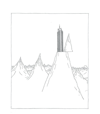 Gustav Peichl_Das Hochhochhaus_1991_Tusche auf Papier – © Ironimus Archiv, Markus Peichl / Bildrecht 2024 Gustav Peichl_Das Hochhochhaus_1991_Tusche auf Papier