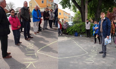 _02 – … zum Beispiel mit der Kreide. Und so zeichnet Dominik Scheuch das Spannungsdreieck „Mensch – Umwelt – Politik“, das grundlegend für die Thesen des Soziologen Lucius Burckhardt ist, auf den Asphalt und erklärt, was Spaziergangswissenschaft ist.