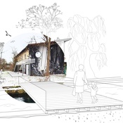 Entwurfsstudie für  eine Brücke über den Mühlbach und eine neue Aussen-Erschließung für das Haus 83, das in Zukunft als Maison Musique auch mehrere Proberäume beherbergen wird.