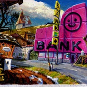 Thomas Paster, Modernes Ortsbild, 1997, Acryl / Mischtechnik auf Papier, 40 x 29,5 cm