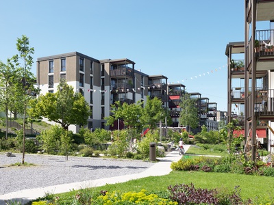 Siedlung Entlisberg, Allgemeine Baugenossenschaft Zürich, Architektur: Meier Hug Architekten, Landschaft: Schmid Landschafts­architekten