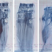 Pejkovic_StalagSeries. 
Auswahl aus der Serie „STALAG XVII B Krems-Gneixendorf: The Danube“. Kohlepapiertransfer, Gouache, Tusche, Flusswasser und Wind auf gefundenem Papier. Jeweils 40 × 18 cm.