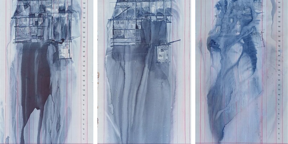 Pejkovic_StalagSeries. 
Auswahl aus der Serie „STALAG XVII B Krems-Gneixendorf: The Danube“. Kohlepapiertransfer, Gouache, Tusche, Flusswasser und Wind auf gefundenem Papier. Jeweils 40 × 18 cm.