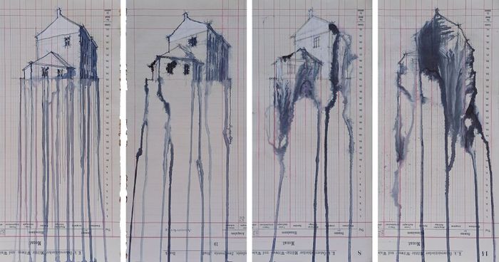 Pejkovic_FischergasseSeries.  Auswahl aus der Serie Fischergasse. Graphit, Gouache, Aquarell und Tusche auf gefundenem Papier. Jeweils 40 × 18 cm.