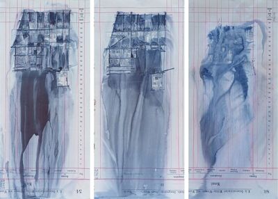 Pejkovic_StalagSeries.  Auswahl aus der Serie „STALAG XVII B Krems-Gneixendorf: The Danube“. Kohlepapiertransfer, Gouache, Tusche, Flusswasser und Wind auf gefundenem Papier. Jeweils 40 × 18 cm.