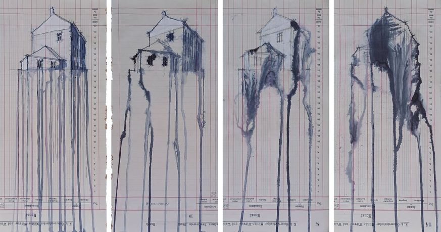 Pejkovic_FischergasseSeries.  Auswahl aus der Serie Fischergasse. Graphit, Gouache, Aquarell und Tusche auf gefundenem Papier. Jeweils 40 × 18 cm.